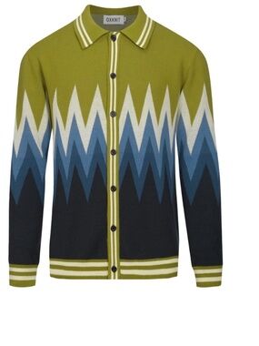 Men's Green Classic Vintage Striped Art Jacquard Knitted Cardigan 2XL